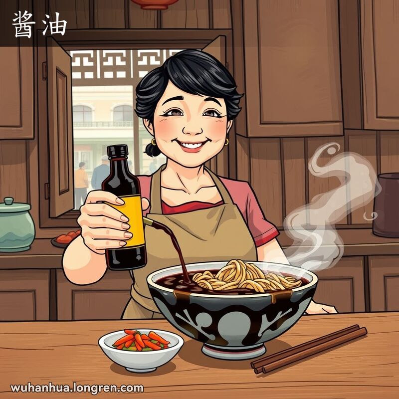 一位中年妇女在传统武汉厨房中手持酱油瓶，准备倒入面条，背景是武汉街景