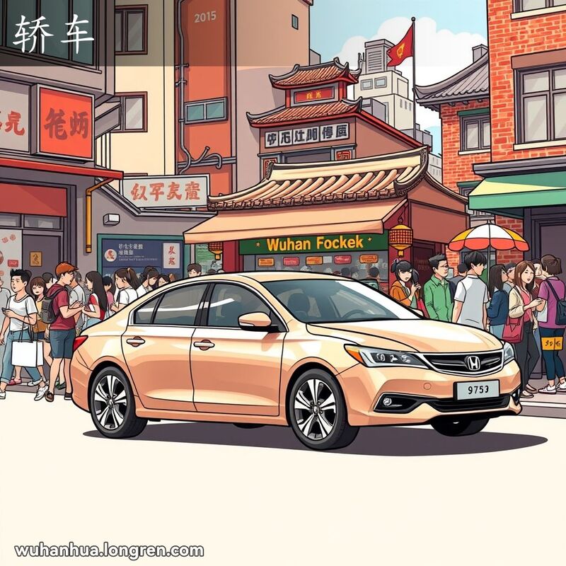 一辆现代轿车停在武汉繁忙的街道上，背景是传统小吃摊和老建筑，街道上人来人往。