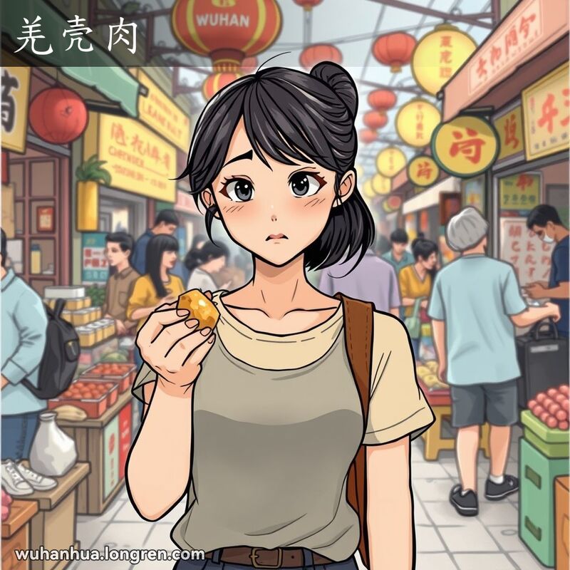 一位年轻的武汉女子在市场中手持“羌壳肉”，露出厌恶的表情，背景是热闹的市场景象
