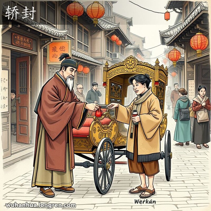 旧时武汉街景，富商递钱给轿夫，背景有老街和行人