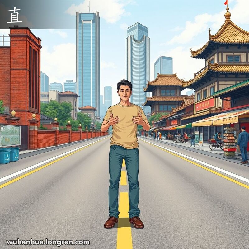 一位男子站在武汉笔直的马路上，背景是高楼大厦和传统建筑，手势表达直率沟通。