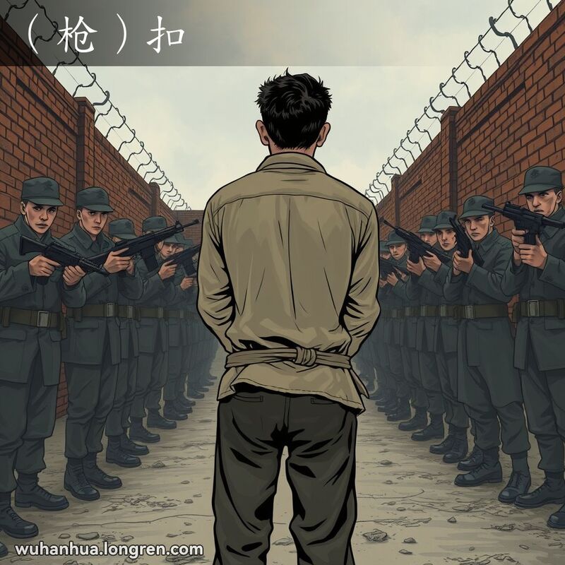 一个男子在武汉旧监狱场景中面对持枪士兵，准备执行枪决，背景有高墙和铁丝网。