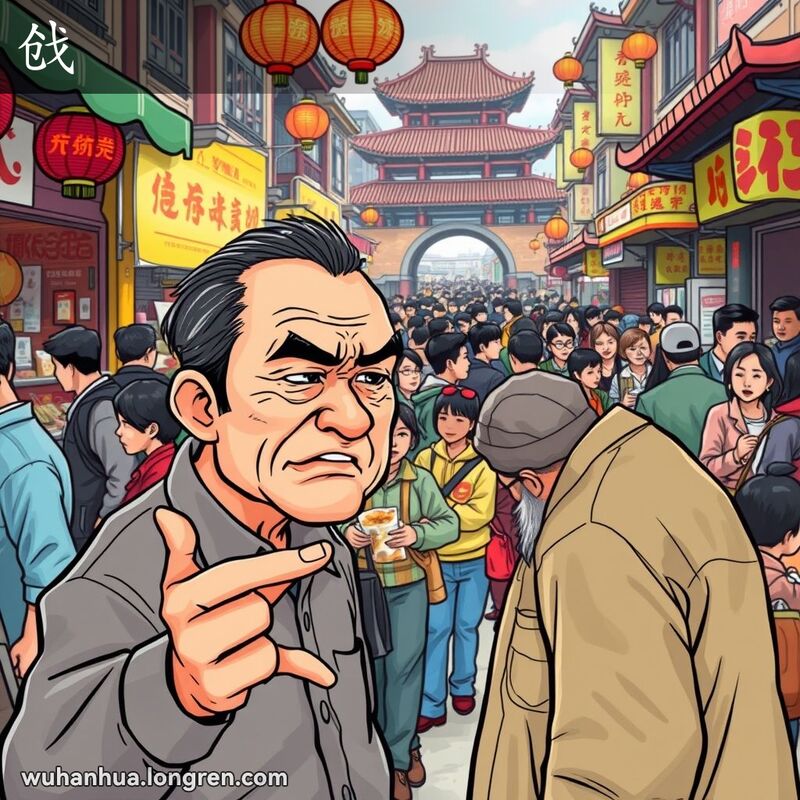 一位中年男子在武汉街市与摊贩讨价还价，表情坚定，背景是热闹的市场摊位和人群