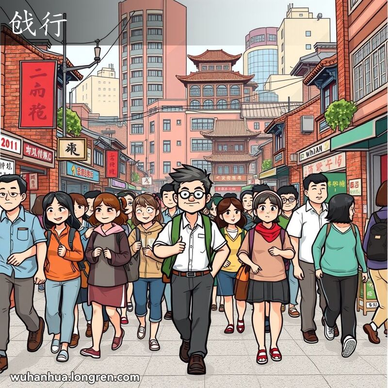 一群人在武汉街头行走，其中一人逆向而行，背景有老旧和新建筑的混合。
