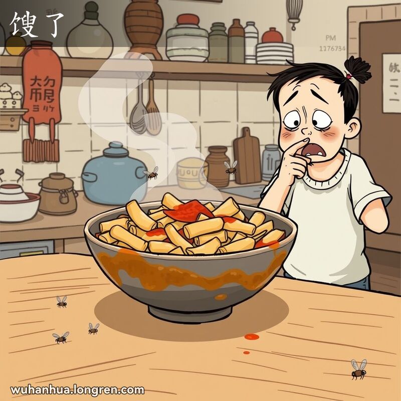 一碗变质的饭菜放在厨房桌子上，散发出酸臭味，几只苍蝇在周围飞舞，旁边的人捏着鼻子露出厌恶的表情，背景是武汉厨房。