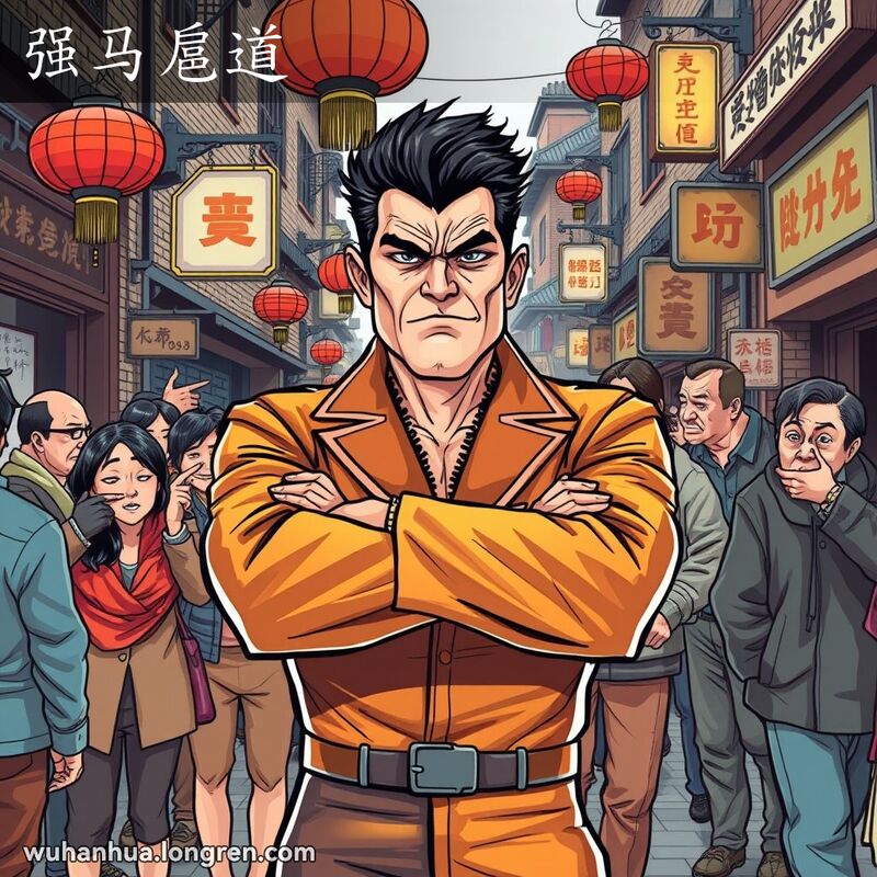 一位穿着花哨的男子在武汉街道上，双臂交叉，神情傲慢，背景有老砖墙和传统灯笼
