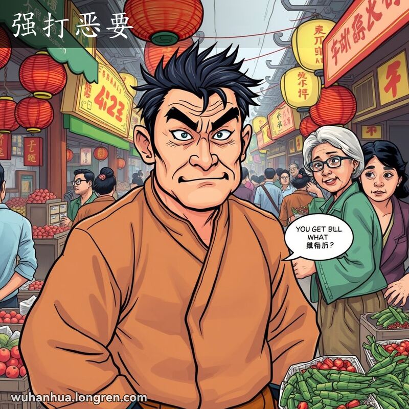 一位武汉男子在市场中强硬地与女摊贩讨价还价，背景是繁忙的市场摊位