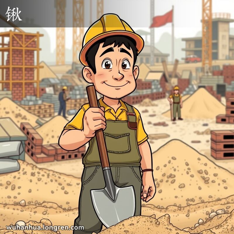 一位武汉建筑工人在施工现场使用锹进行挖掘工作，背景是忙碌的施工现场