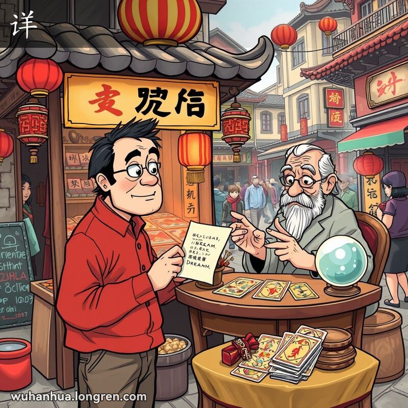 一位中年男子在武汉街头算命摊前，手持梦境纸条，算命先生解释梦境含义，背景是热闹的市场。