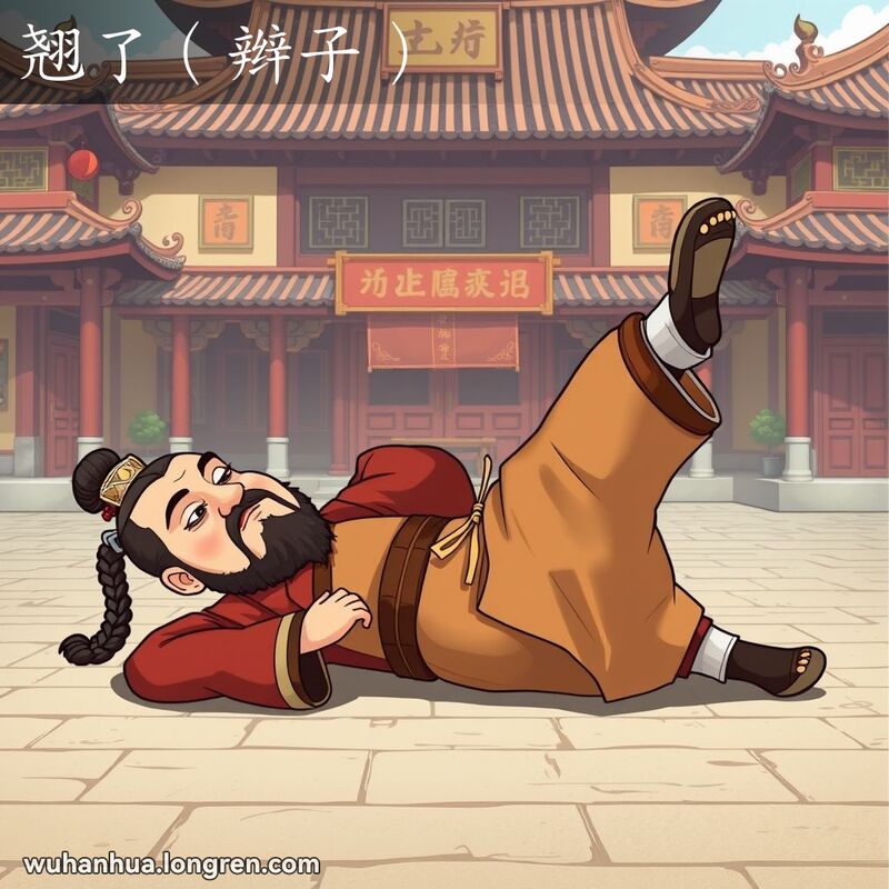 袁世凯穿着帝王服饰躺在地上，双腿朝天，辫子显眼，背景是皇宫，画风幽默。