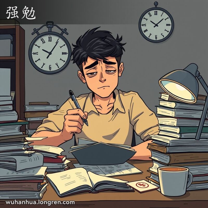一位年轻人在书桌前奋笔疾书，周围堆满书籍，背景中的时钟显示深夜时分，桌上有半杯咖啡。