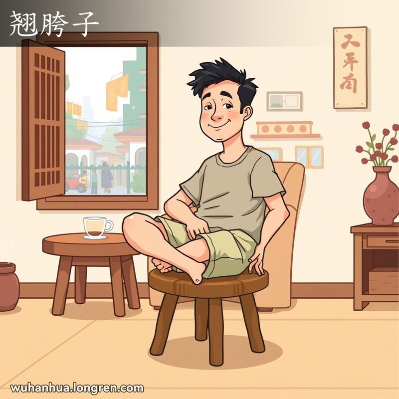 一位武汉男子坐在木凳上，舒适地“翘胯子”，背景是温馨的家庭环境和窗外的武汉街景