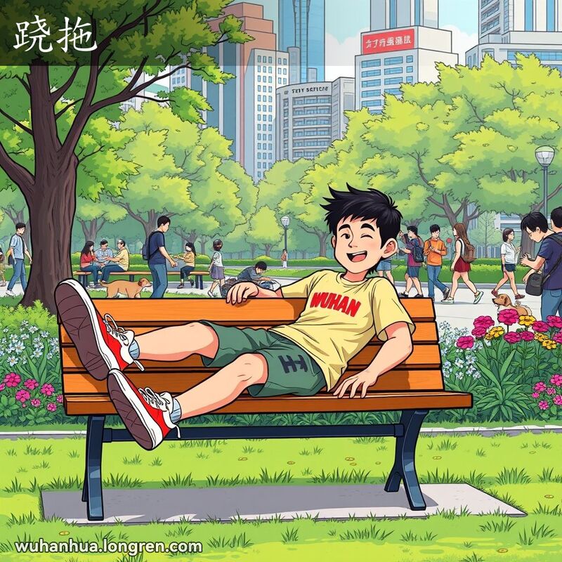 一位年轻的武汉市民坐在公园长椅上，懒散地伸展双腿，背景是绿意盎然的公园