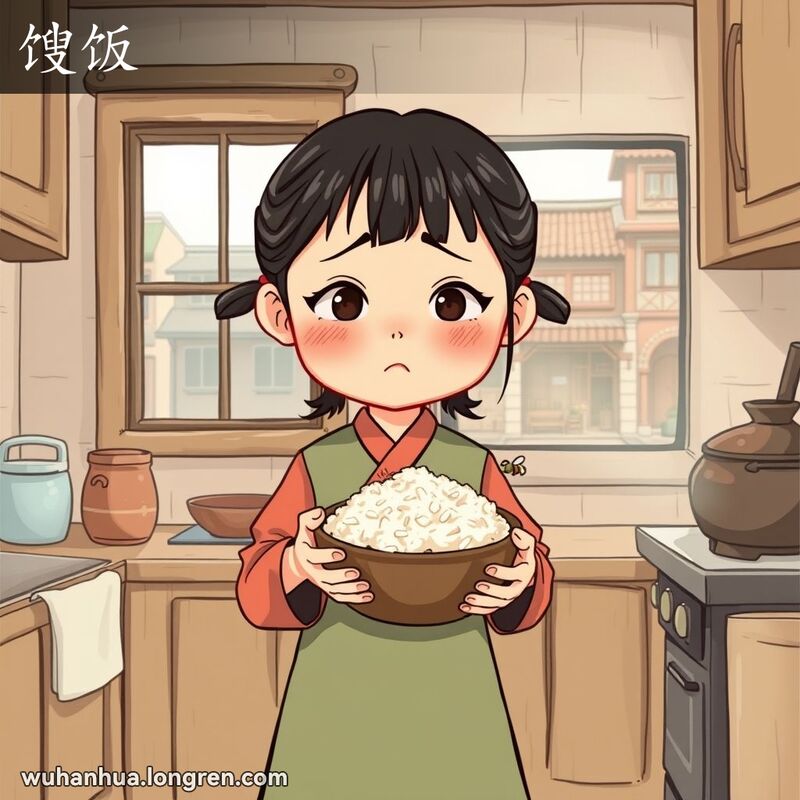 一位穿着传统服饰的女孩站在厨房里，手持一碗变质的米饭，脸上露出失望和无奈的表情，背景是武汉老街景