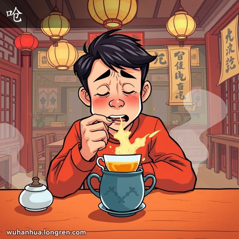 一个人在茶馆喝茶时被呛到，脸红眼湿，背景是传统中国装饰