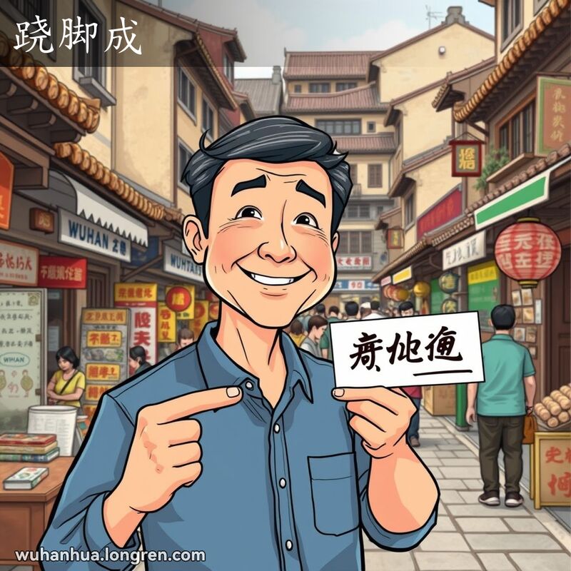 一位中年男子在武汉街头手持“成”姓名片，背景是热闹的市场和老式建筑