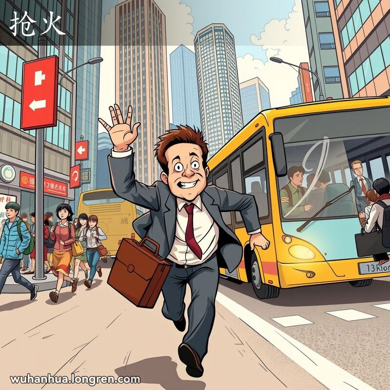 一位西装革履的男子在武汉市早高峰时段匆忙赶公交车，背景是繁忙的街道和高楼大厦。