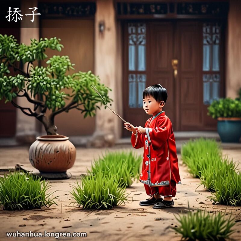 一位武汉孩子在庭院中用细棒拨弄灯草，背景有老式木门和传统灯笼