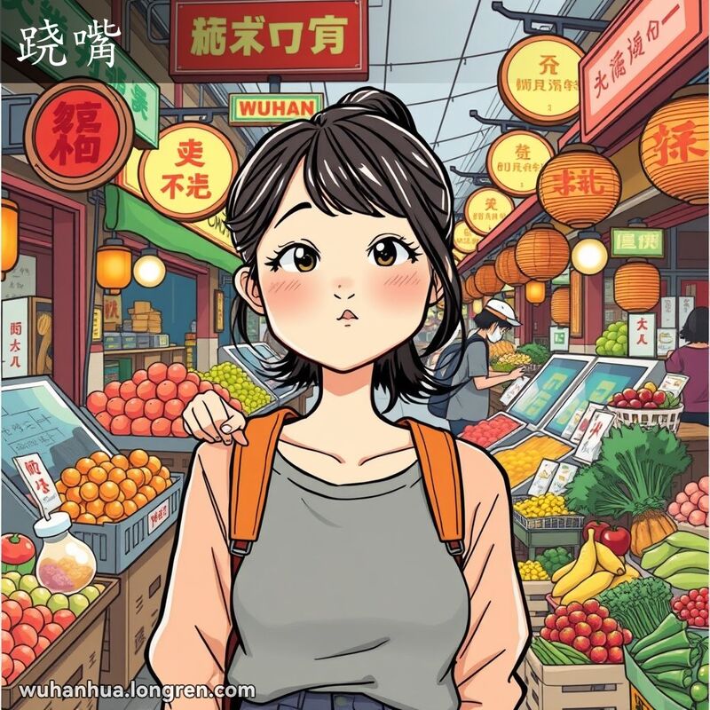 一位年轻的武汉女子在市场中嘟嘴做出“跷嘴”的动作，背景是热闹的市场摊位和传统街道标志