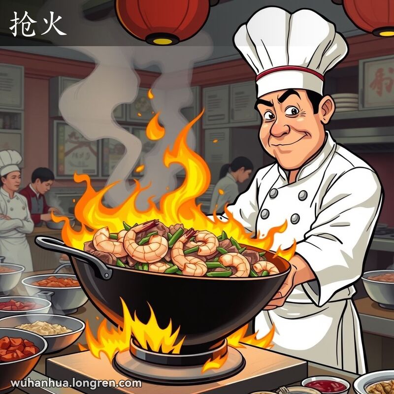 一位武汉厨师在厨房中用大火炒菜，锅中有猪肉、虾和青菜，背景是忙碌的厨房场景