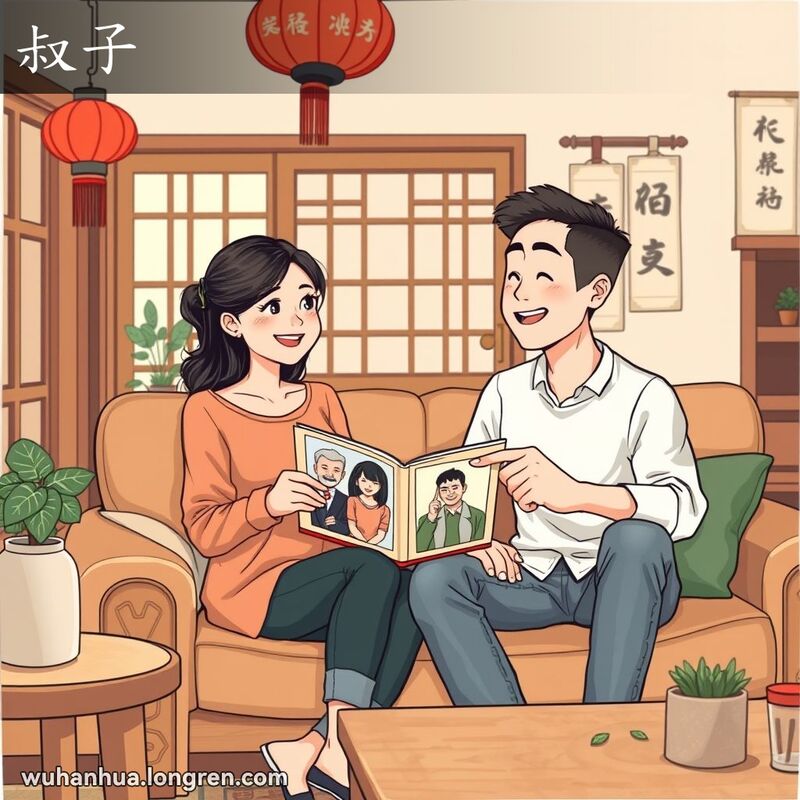 一位年轻女性和她的小叔子在温馨的武汉家庭客厅中翻看相册，背景有传统中国装饰。