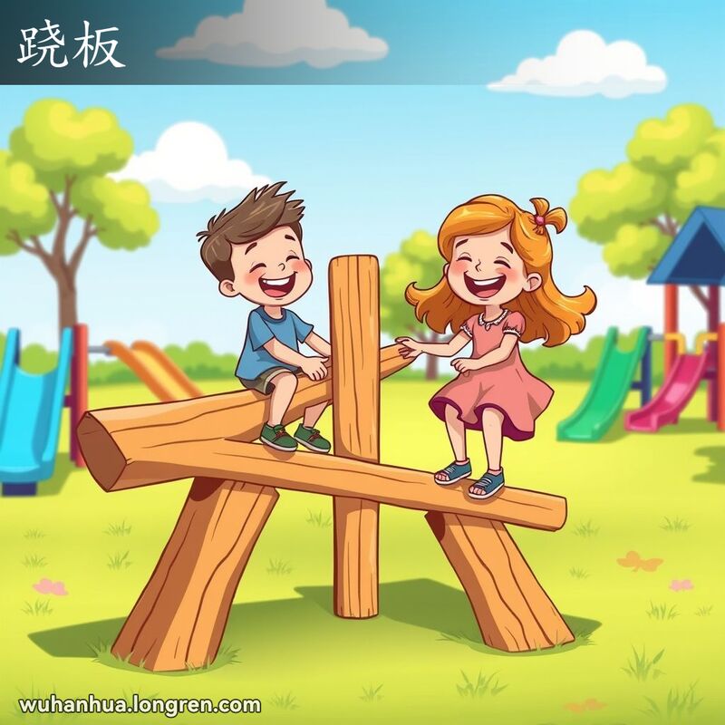 两个孩子在游乐场的跷跷板上玩耍，男孩上升女孩下降，背景是晴朗的天空和绿草地。