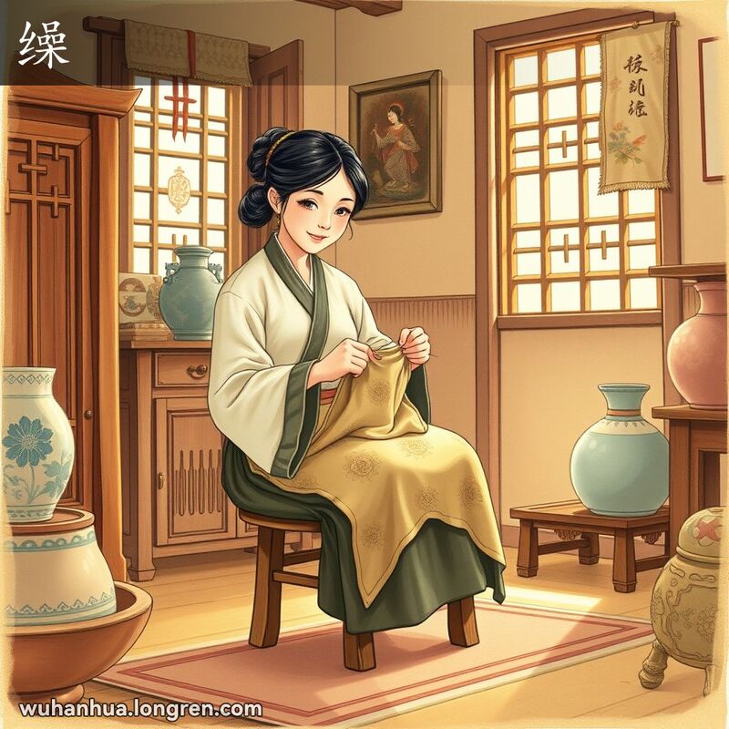 一位武汉妇女坐在小木凳上，手持针线和布料，专注地缝制，背景是温馨的老式客厅