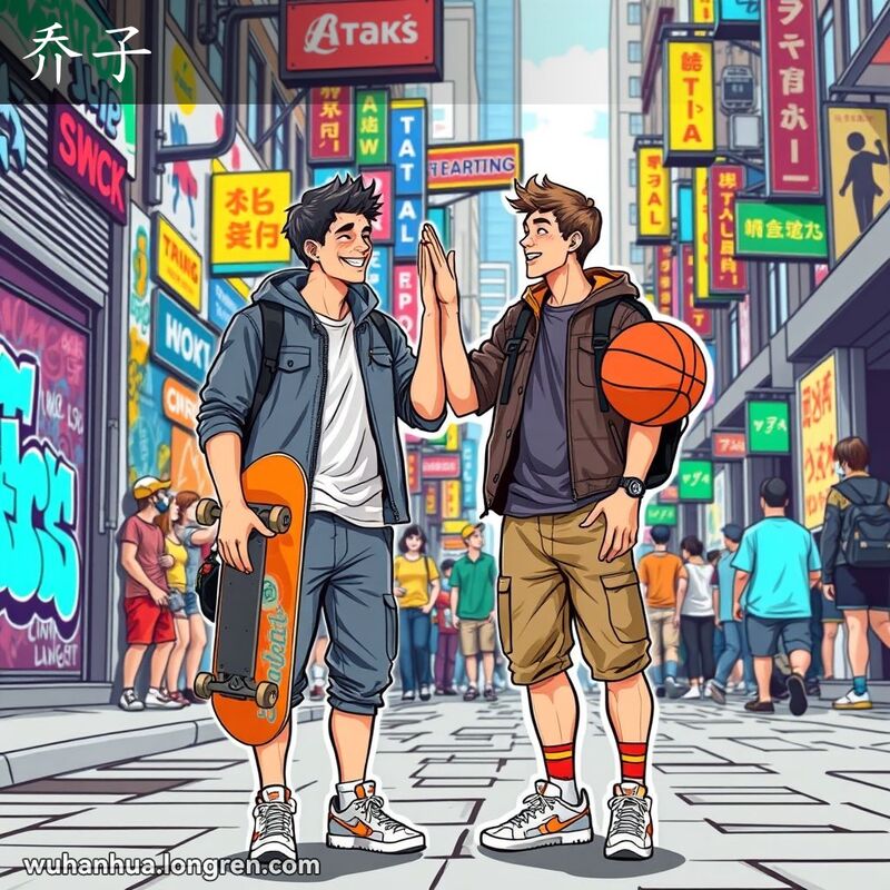 两位年轻人站在一起，互相击掌，展现出“乔子”的伙伴关系，背景是充满活力的城市街道
