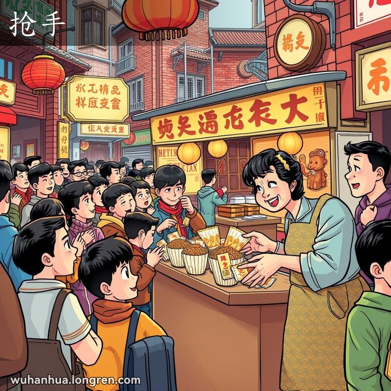 武汉市场街景，摊位前排长队，人们争相购买小吃，摊主忙碌分发，背景是老街红砖墙和传统招牌