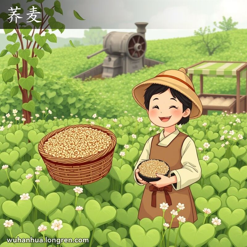 一片茂盛的荞麦田，农民手持装满荞麦籽的篮子，背景有磨坊和小摊位