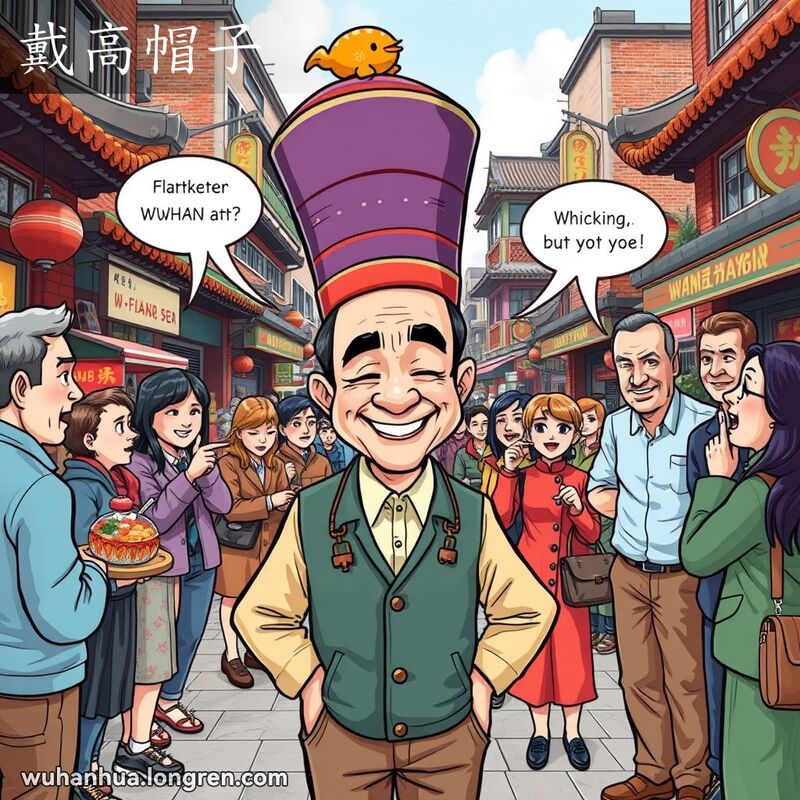 一个男子在武汉街头戴着夸张的高帽子，周围人们指指点点，背景是热闹的街景