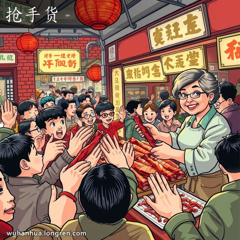武汉市场人们争抢排骨的热闹场景，摊主忙碌分发排骨，背景是武汉老街景