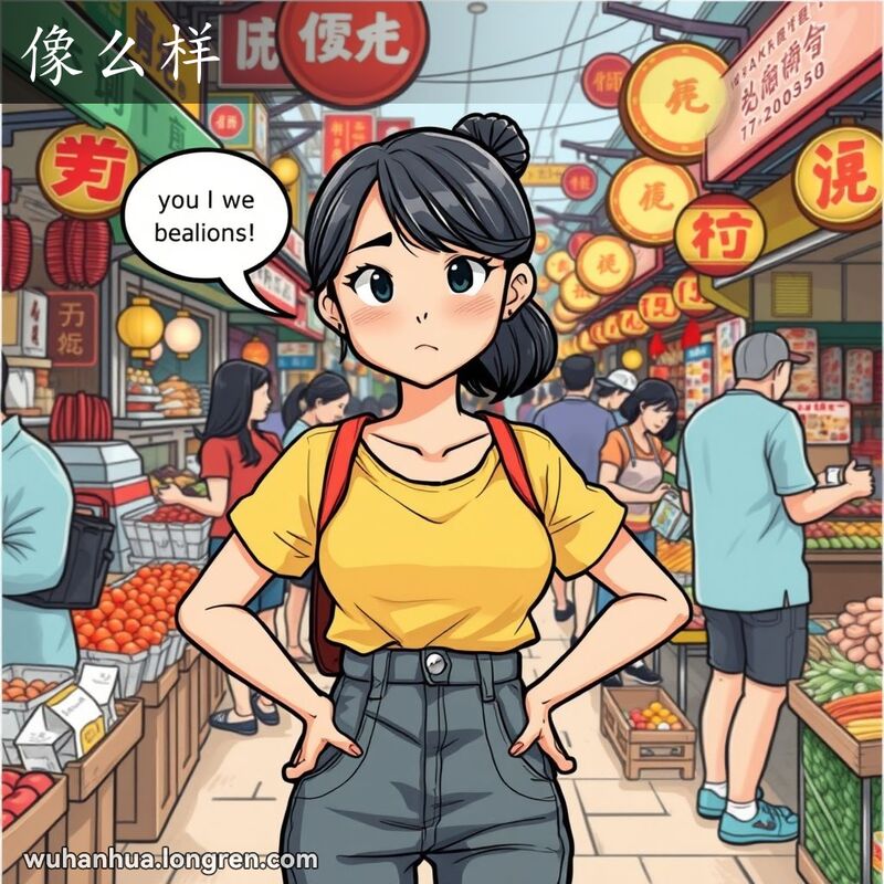 一位年轻的武汉女子在市场中，双手叉腰，露出怀疑的表情，背景是繁忙的市场和摊贩。
