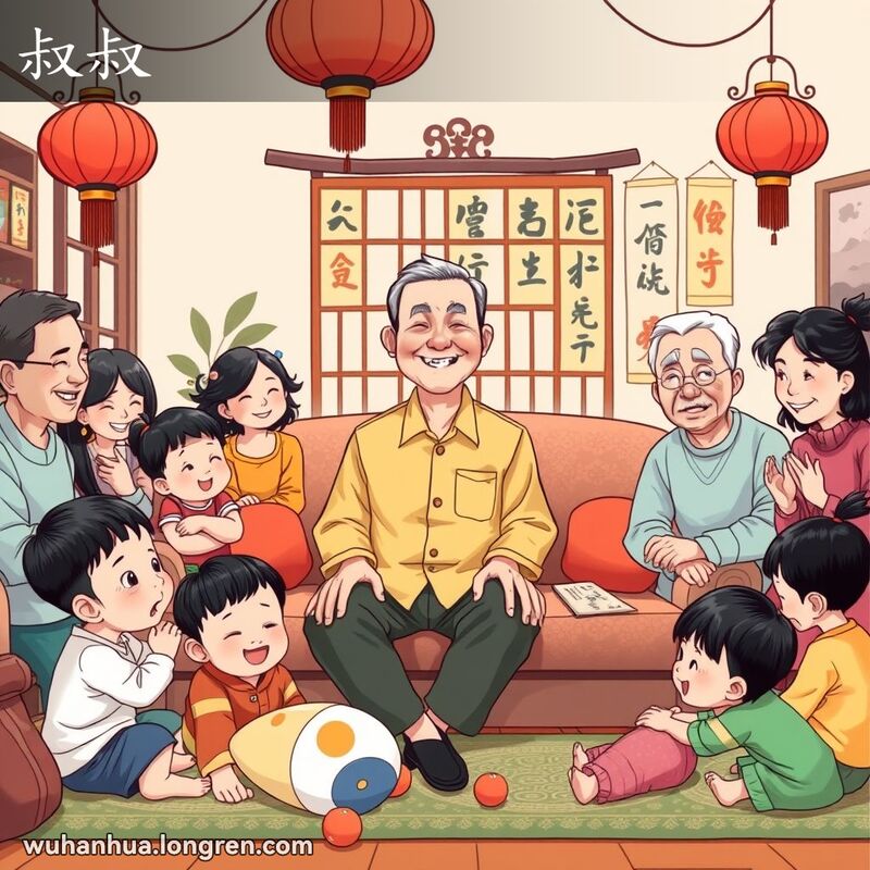 一个中年男子在家庭聚会中被家人围绕，展现了“叔叔”的亲切形象，背景是传统中国家庭装饰。