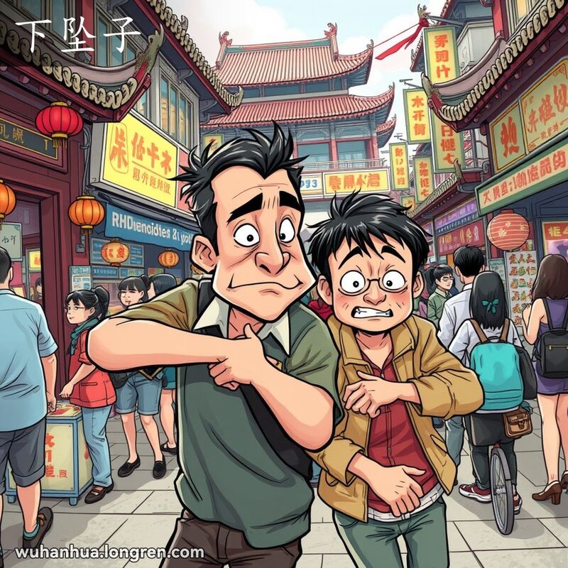 武汉市场中，一位男子紧紧跟随另一人，背景是繁忙的街头小贩和行人