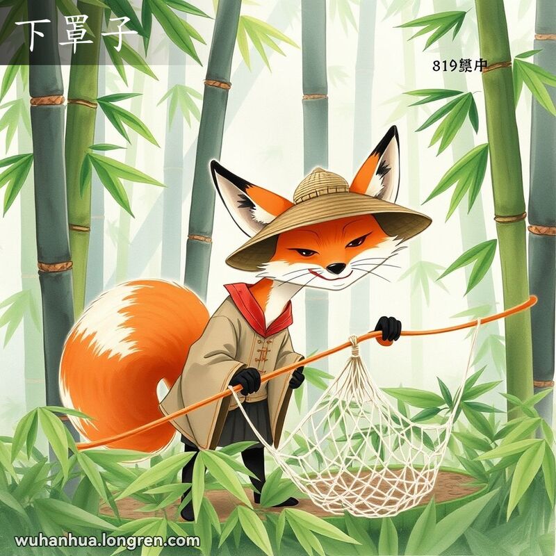 一只狡猾的狐狸在竹林中设下陷阱，脸上带着狡黠的笑容，背景是高大的竹子和迷雾