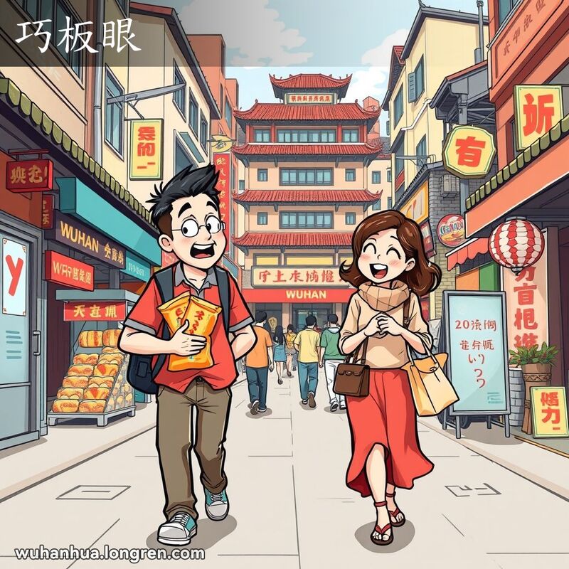 两位武汉市民在街头偶然相遇，脸上带着惊喜的表情，背景是武汉的街景，融合了传统建筑和现代元素。