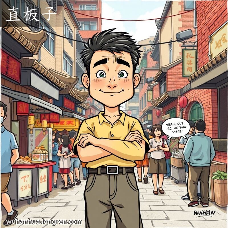 一位性格直爽的武汉男子站在热闹的老街上，背景有街边小贩和老建筑。