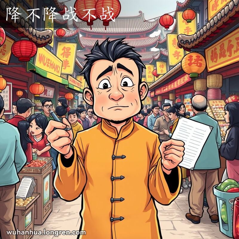 一位武汉男子在市场中央手持清单，露出“降不降战不战”的困惑表情，周围摊贩叫卖，背景是热闹的市场场景