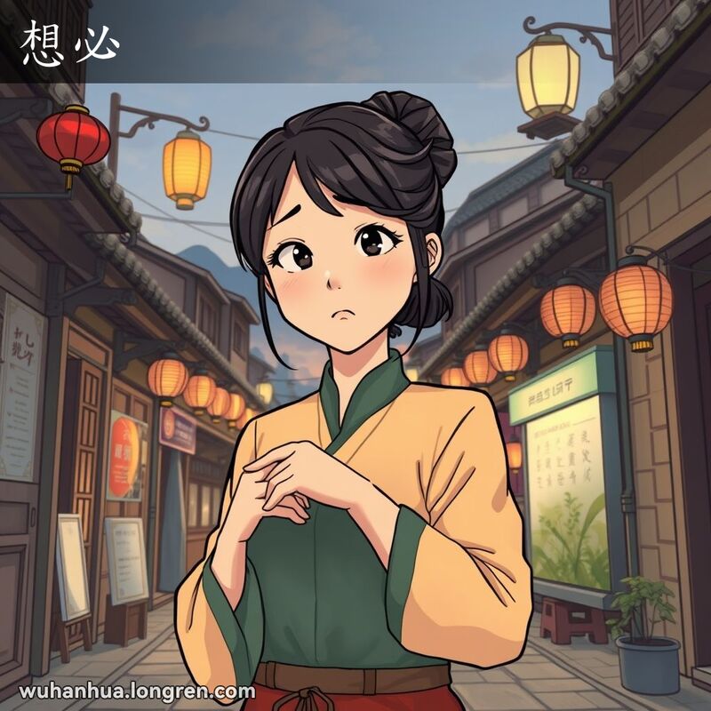 一位年轻女子在武汉老街小巷中看手表，脸上带有思考的表情，背景有老式建筑和灯笼。