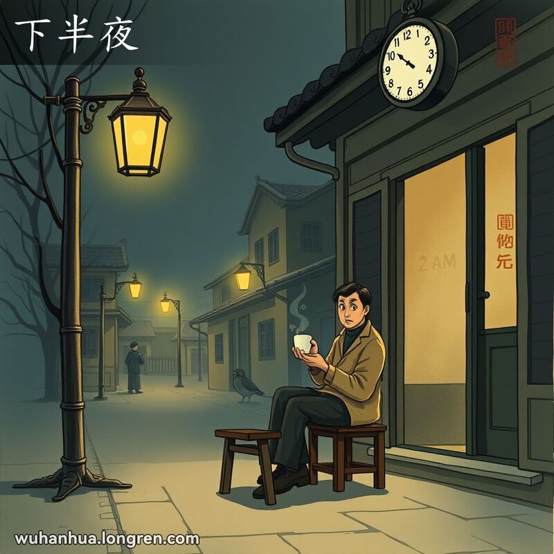 武汉老街夜晚场景，男子坐在门口喝茶，背景有老式路灯和传统建筑，钟表指向凌晨2点，表示下半夜。