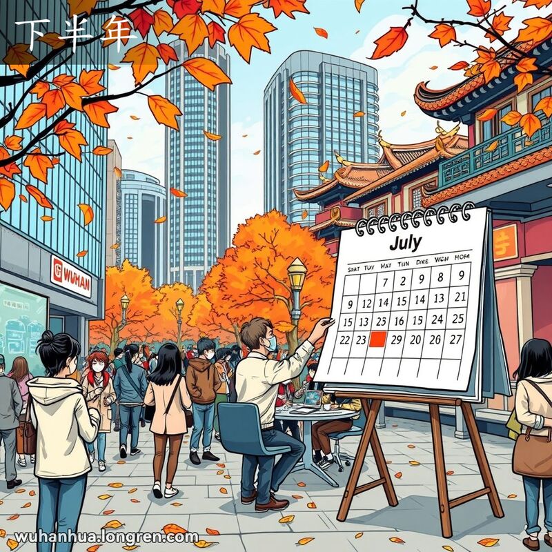 武汉秋季街景，日历展示七月到十二月，办公室工作人员围坐讨论规划，背景有现代办公楼和传统建筑