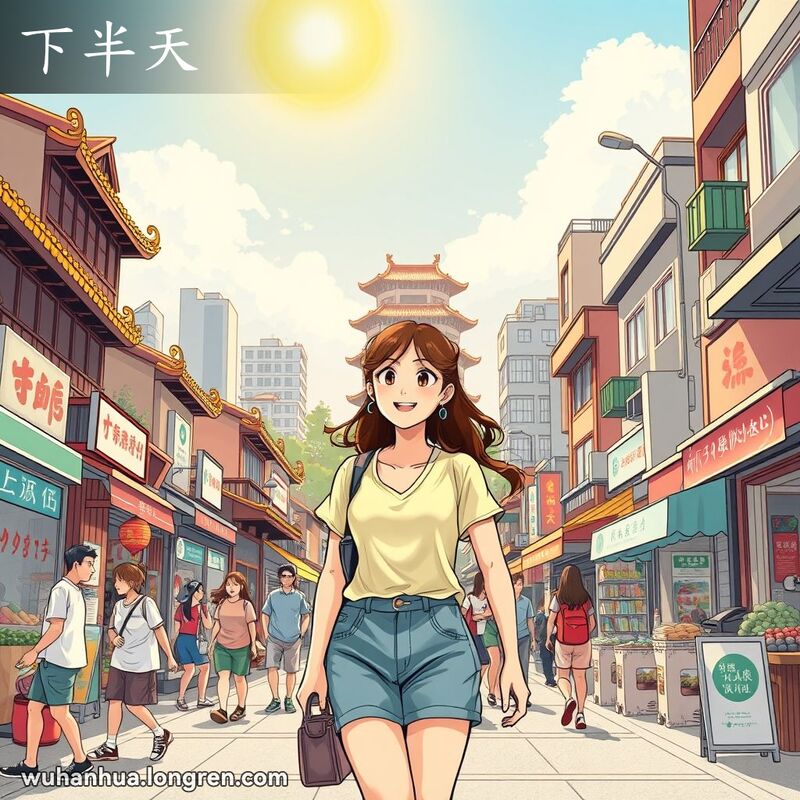 武汉的一个阳光明媚的下午，一位年轻女子穿着轻便的夏装，悠闲地走在繁忙的街道上，背景是武汉的地标建筑和传统与现代建筑的融合。