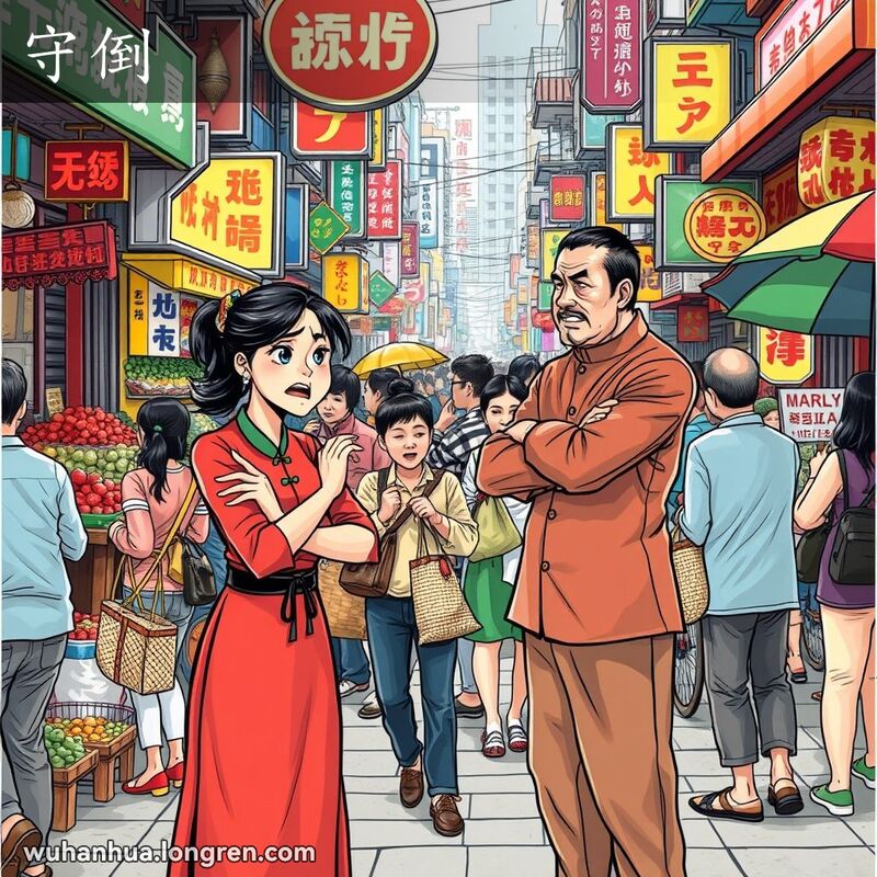 一位武汉妇女在街市上试图劝说一个固执的男人，背景是繁忙的武汉街市。