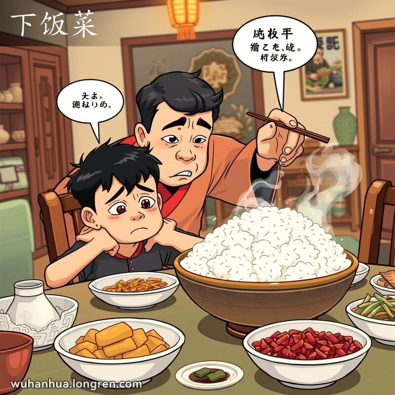 一个年轻人在家庭晚餐桌前被年长者训斥，表情显得无奈，体现“下饭菜”的意思。