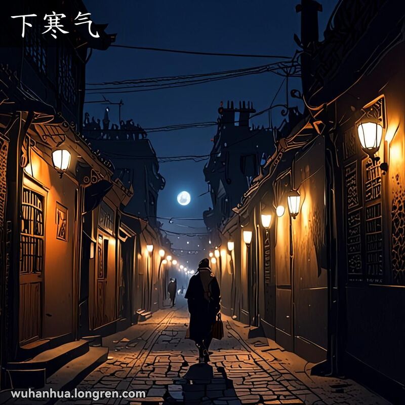 一个人在寒冷的夜晚走在武汉老街巷中，身穿厚重的外套和围巾，感受到气温骤降。