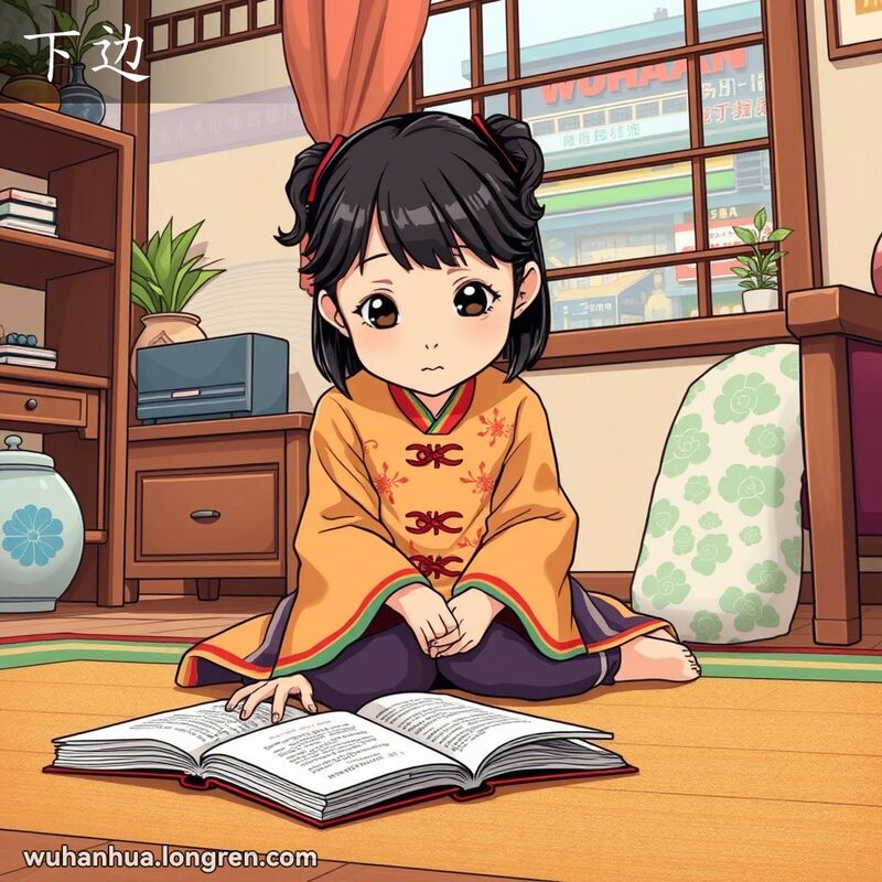 一个穿着传统中国服饰的小女孩坐在地板上，伸手去捡掉在地上的书，背景是繁忙的武汉街景