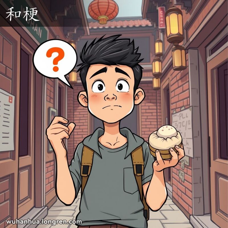 一位武汉年轻人站在老街巷子里，手拿包子，露出困惑的表情，头顶有问号思想泡泡，背景是武汉老街景