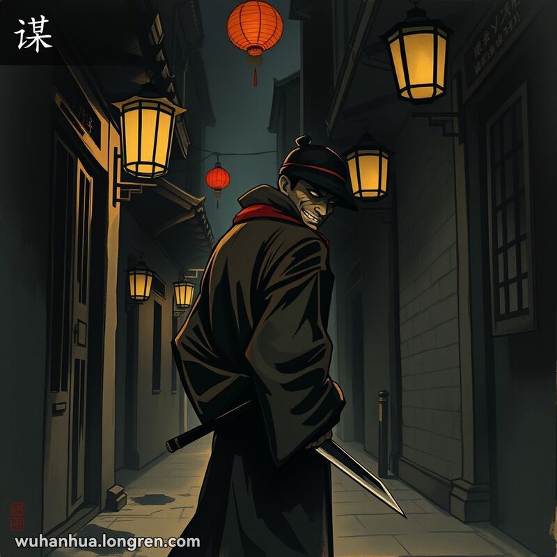 一个神秘人物在武汉老街暗巷中，手持匕首，露出阴险的笑容，背景是传统建筑和灯笼。