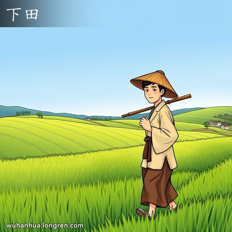 一位农民戴着草帽，肩挎锄头，走向田间，背景是绿油油的田野和远处的小村庄。